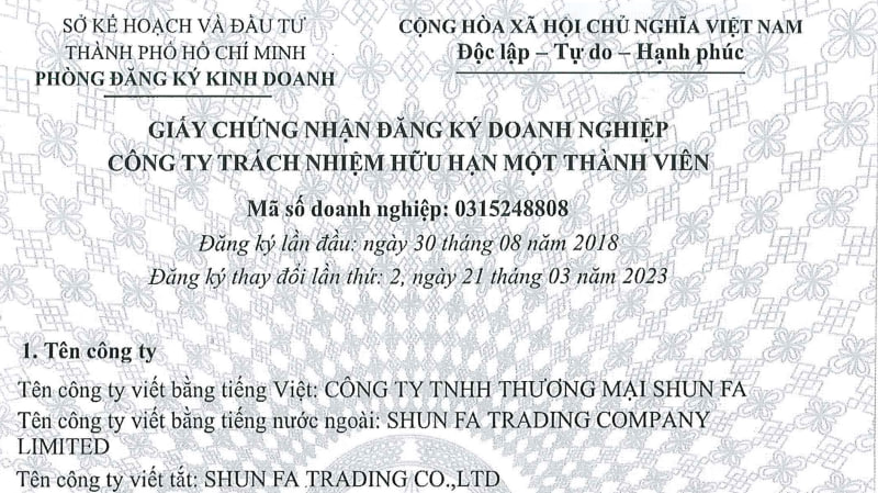CÔNG TY TNHH THƯƠNG MẠI SHUN FA