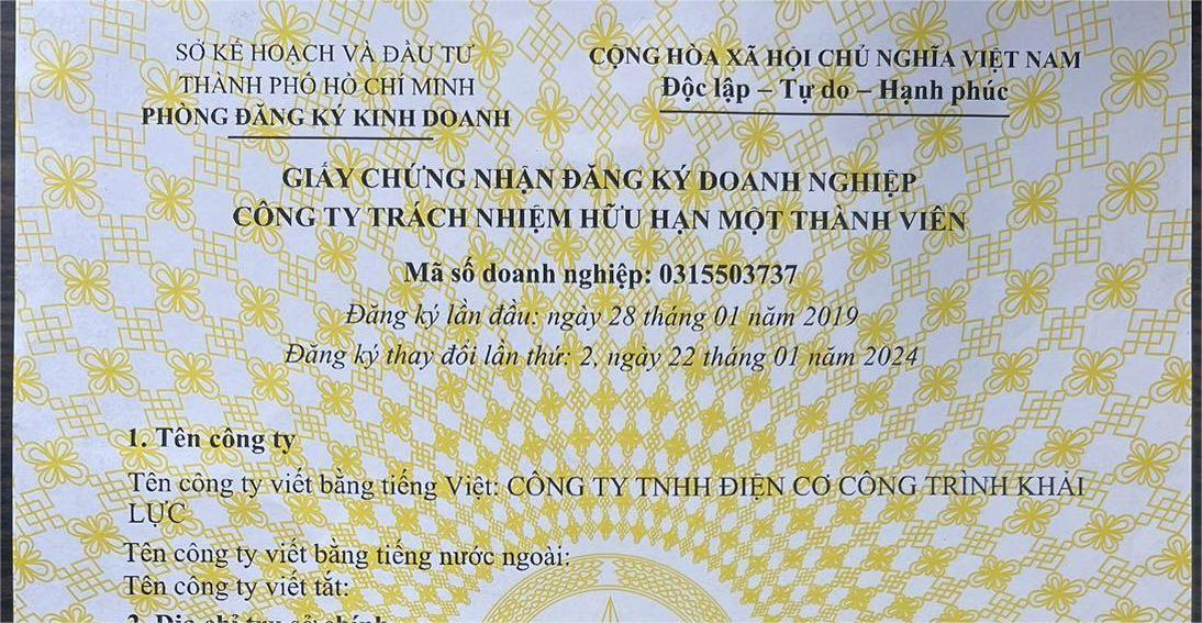 CÔNG TY TNHH ĐIỆN CƠ CÔNG TRÌNH KHẢI LỰC